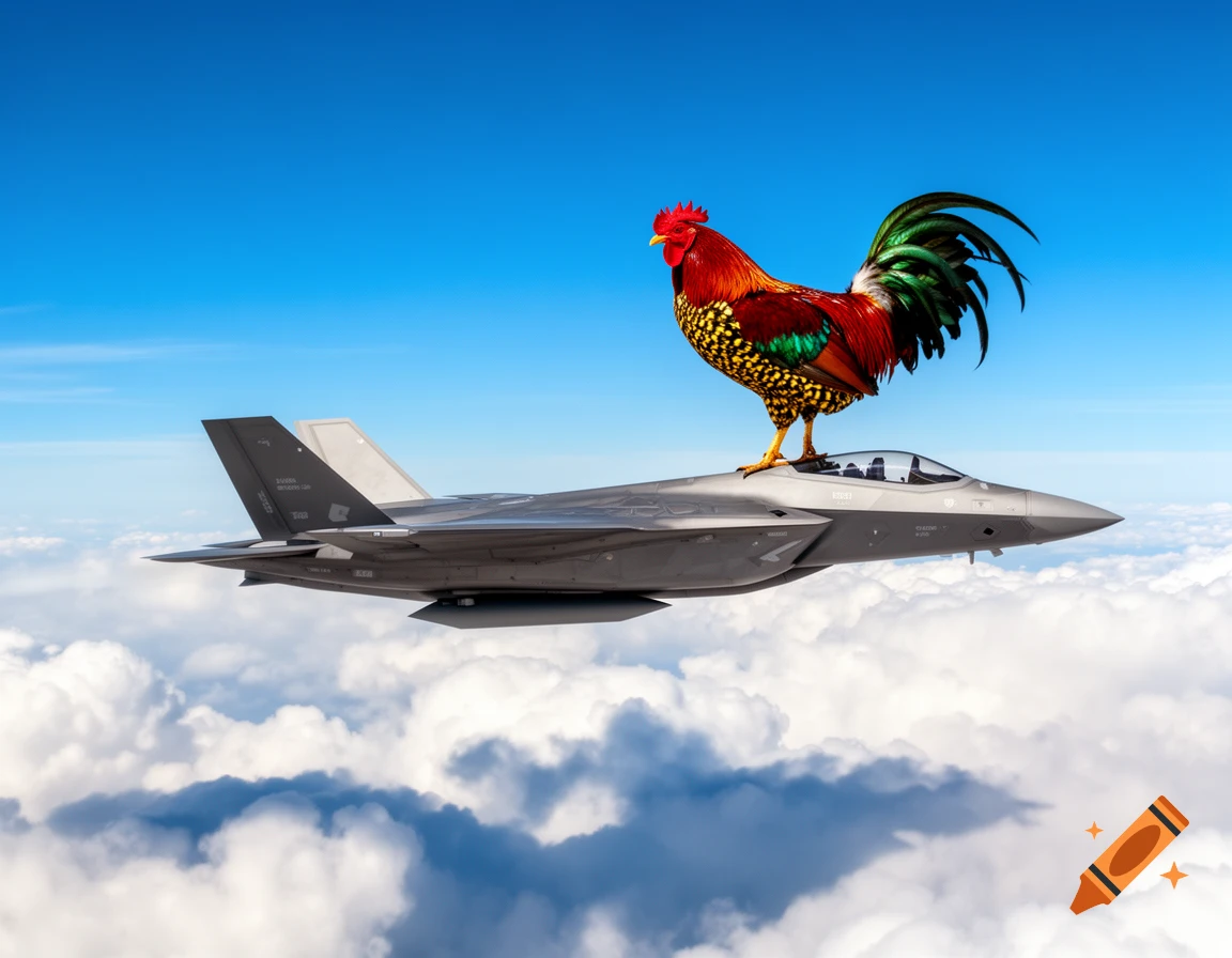 A vibrant rooster stands atop a gray fighter jet flying above fluffy white clouds against a bright blue sky.