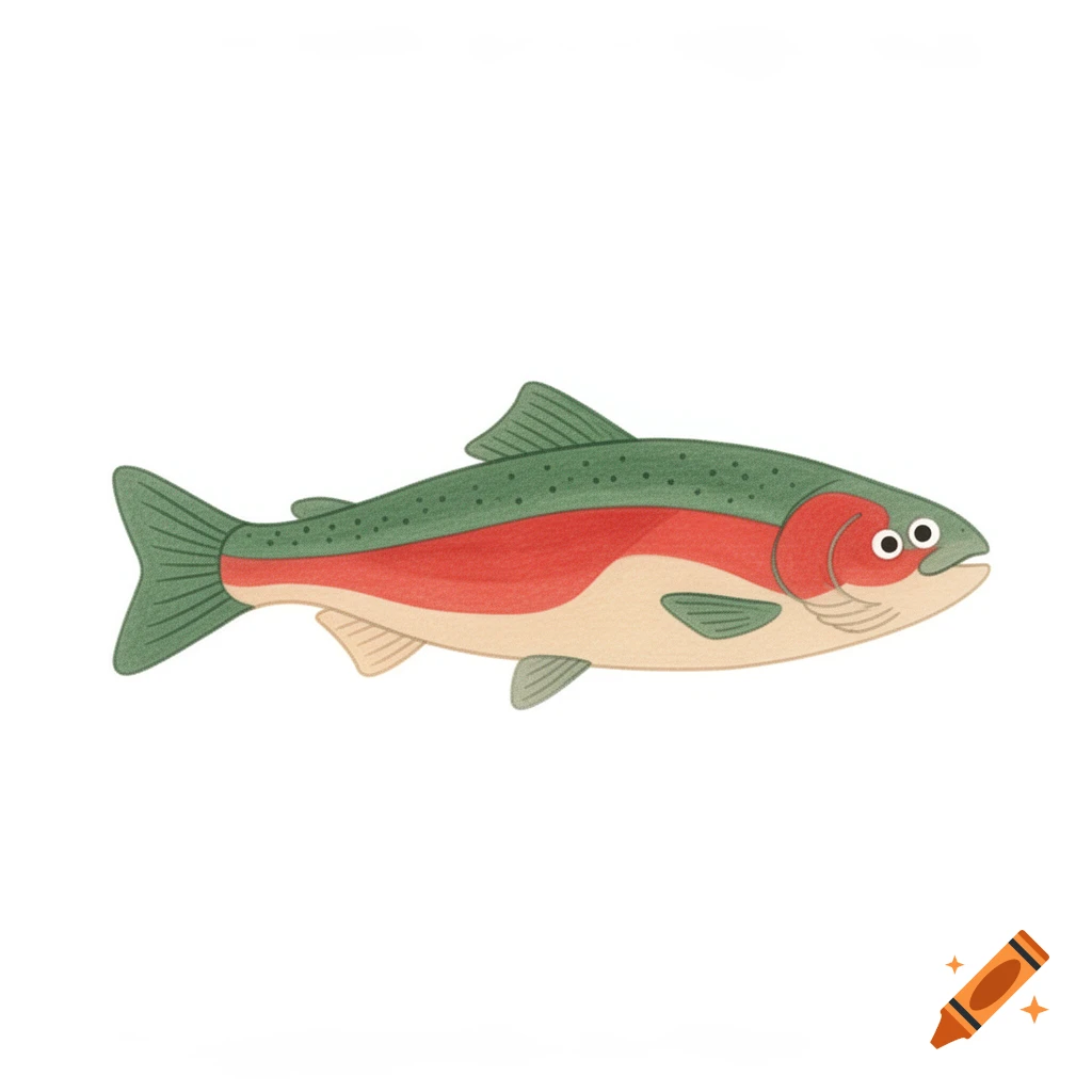 A simple, hand-drawn illustration of a salmon with green, red, and beige colors and cute dot eyes, on a white background.
