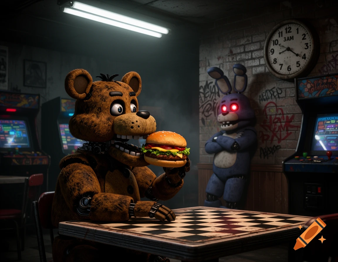 Freddy Fazbear, a brown animatronic bear, sits at a table with a chessboard, holding a hamburger. Bonnie the bunny, a purple animatronic, leans against a graffiti-covered brick wall with glowing red eyes, next to a clock reading 3 AM and an arcade machine. The scene is dark and grungy.
