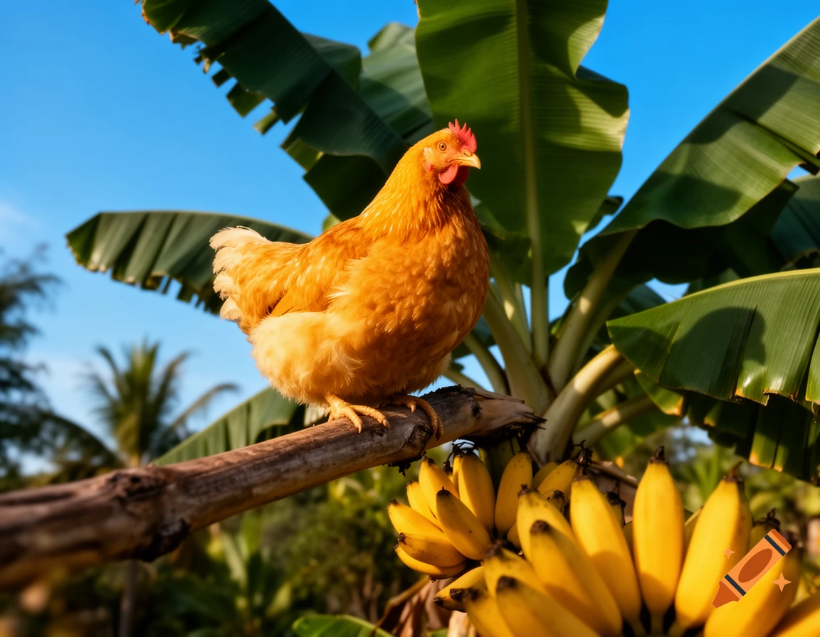 A chicken perches on a branch of a banana tree laden with ripe bananas, under a clear blue sky.