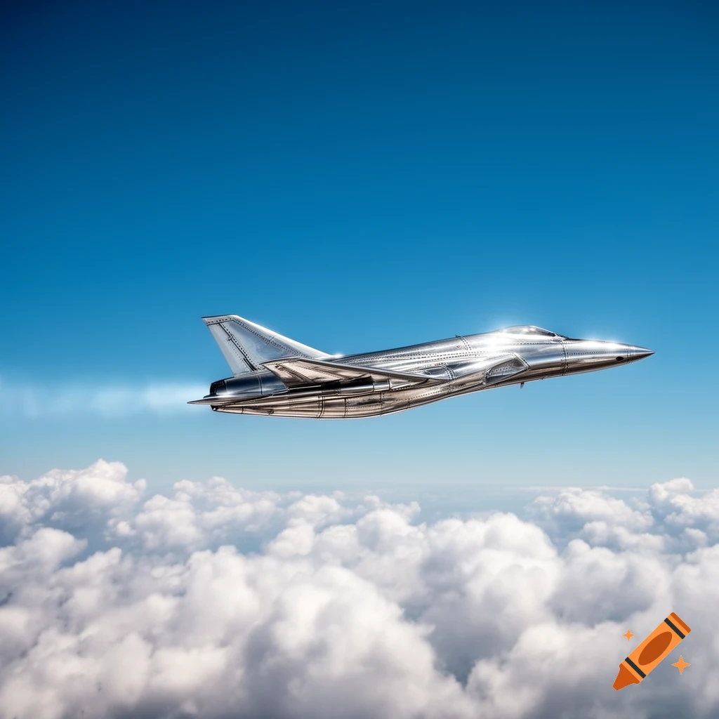 A shiny chrome fighter jet flies above white clouds in a clear blue sky, photorealistic.