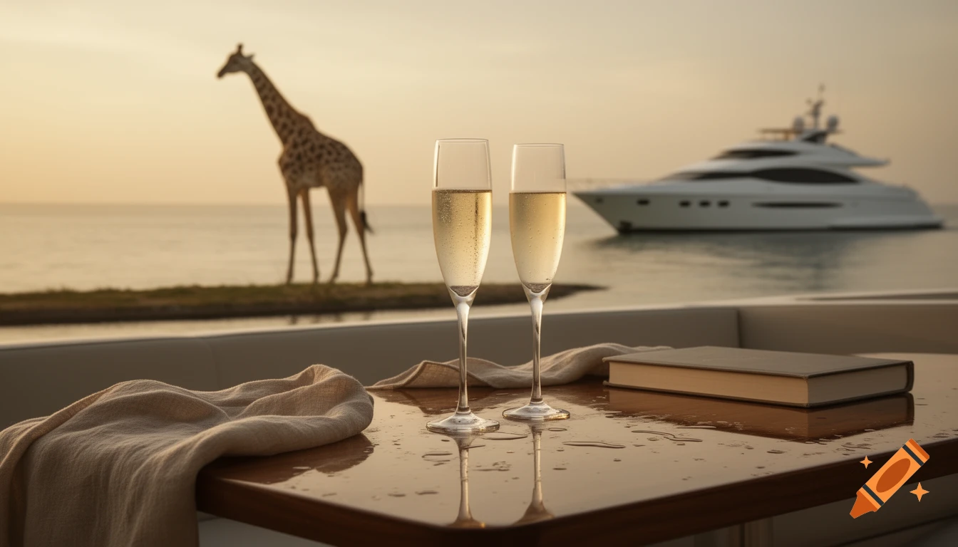 Two champagne flutes on a wet table, with a blurred yacht and giraffe in the background at sunset.