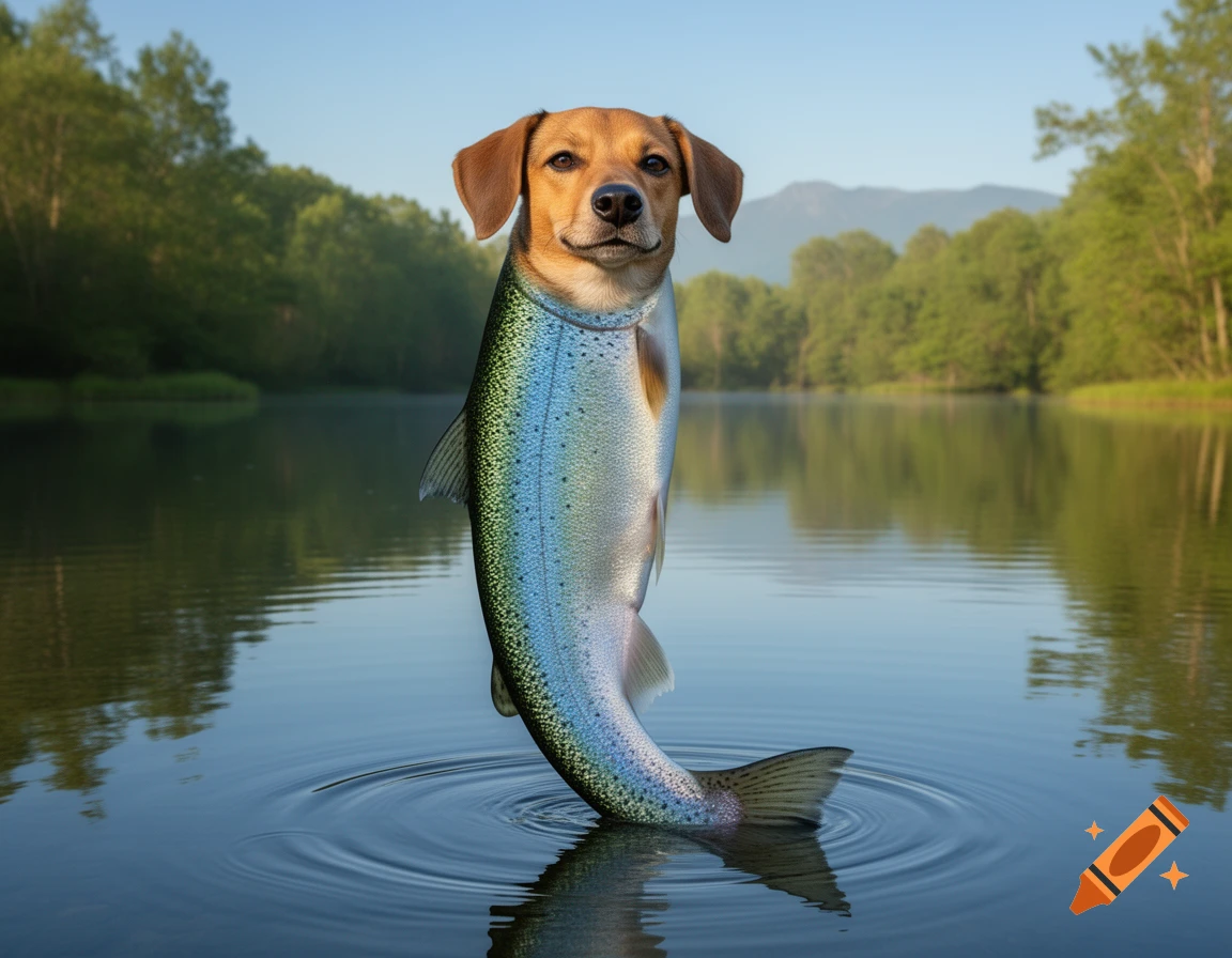 Photorealistic image of a brown dog's head on a colorful trout's body, emerging from calm water in a forest lake.