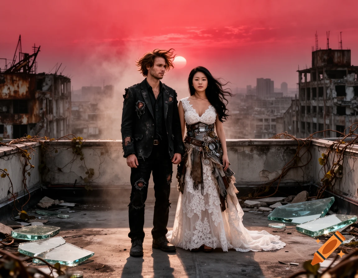 A post-apocalyptic groom and bride in tattered wedding attire stand on a ruined rooftop at sunset, photorealistic.