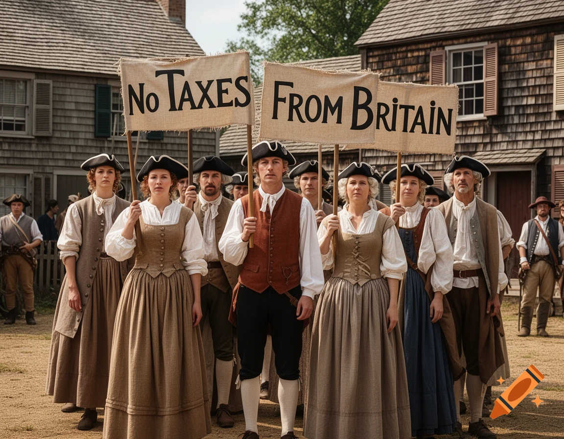 Photorealistic image of colonists in a village protesting, holding signs that read 'NO TAXES FROM BRITAIN'.