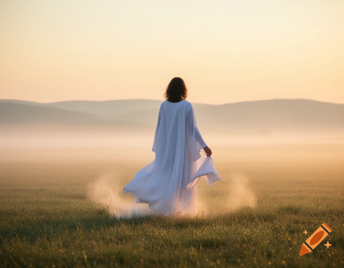 Person in a flowing white robe walks through a misty, sunlit field with hills in the distance, photorealistic.