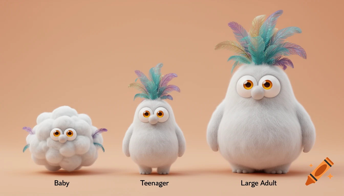 A 3D render showing three stages of a white fluffy, cross-eyed creature with colorful feathers, labeled Baby, Teenager, and Large Adult.