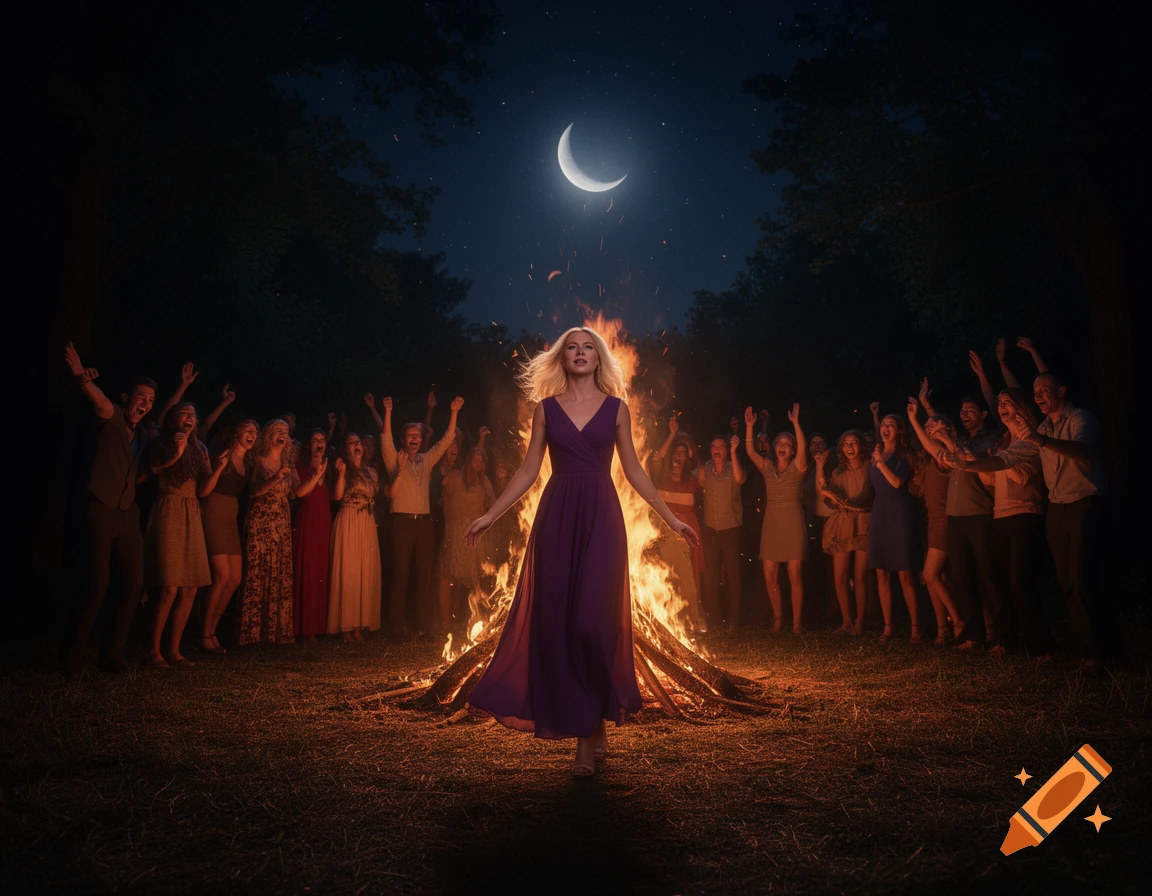 Blonde woman in a purple dress stands before a large bonfire at night, surrounded by cheering people and a crescent moon.