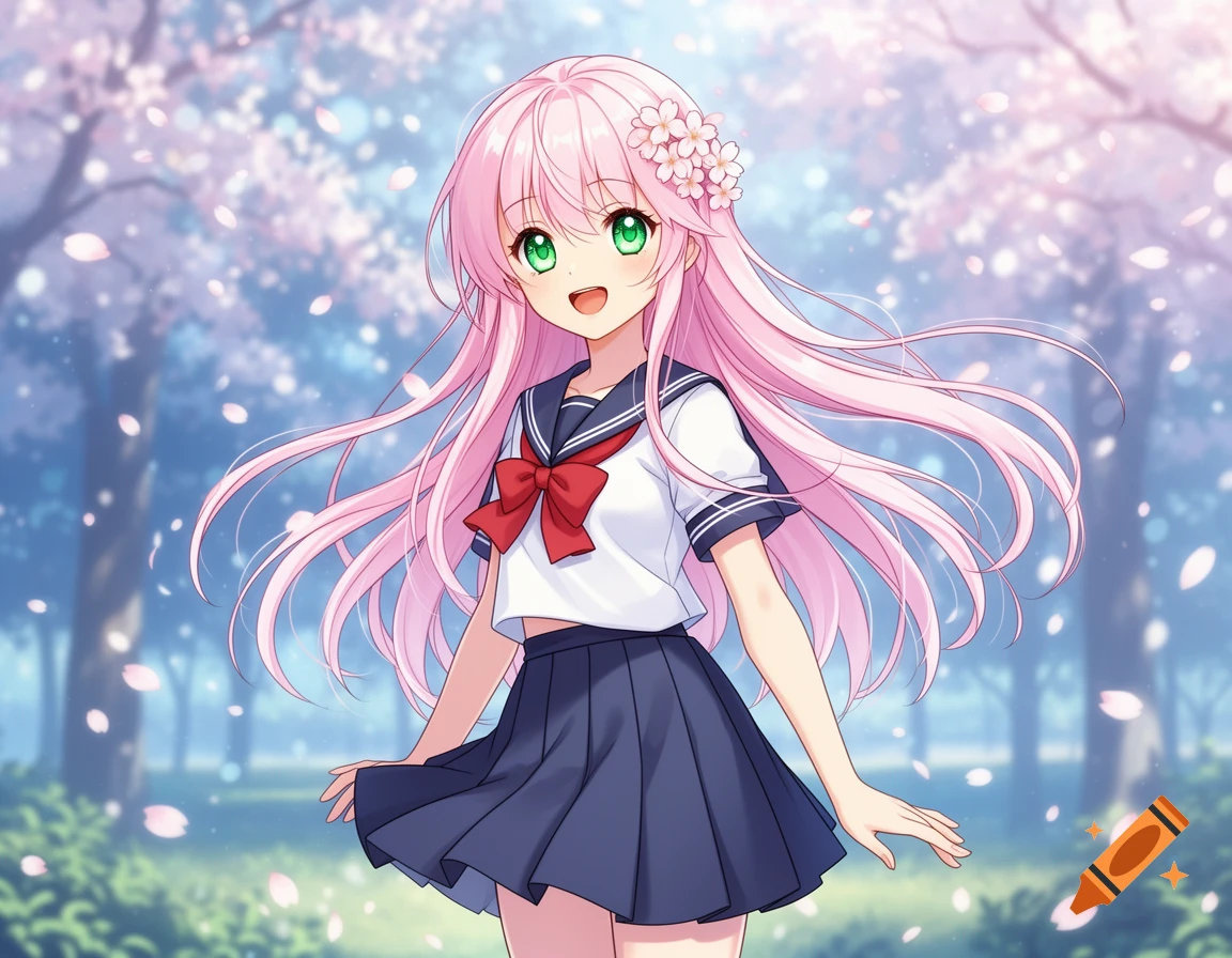 An anime girl with pink hair and green eyes, wearing a sailor uniform, smiles in a park with falling cherry blossoms.