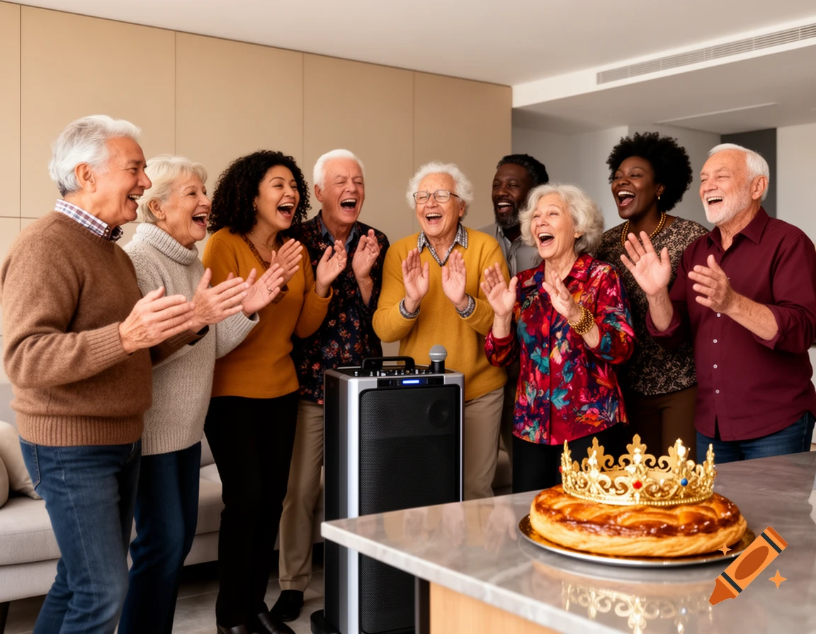 Diverse seniors laugh and clap while singing karaoke next to a speaker and a king's cake with a golden crown.