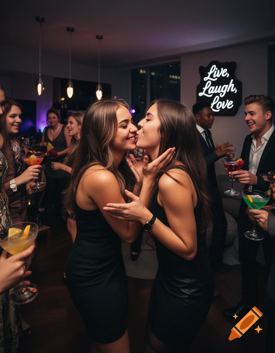 Two women kiss at a lively nighttime party, surrounded by other guests holding cocktails, with a neon "Live, Laugh, Love" sign in the background.