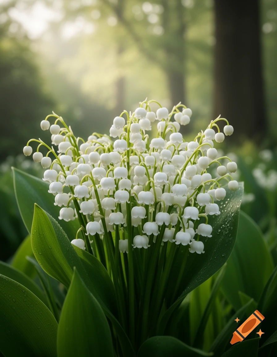 Close-up of a vibrant bouquet of white lily of the valley flowers with green leaves in a soft, sunlit forest.