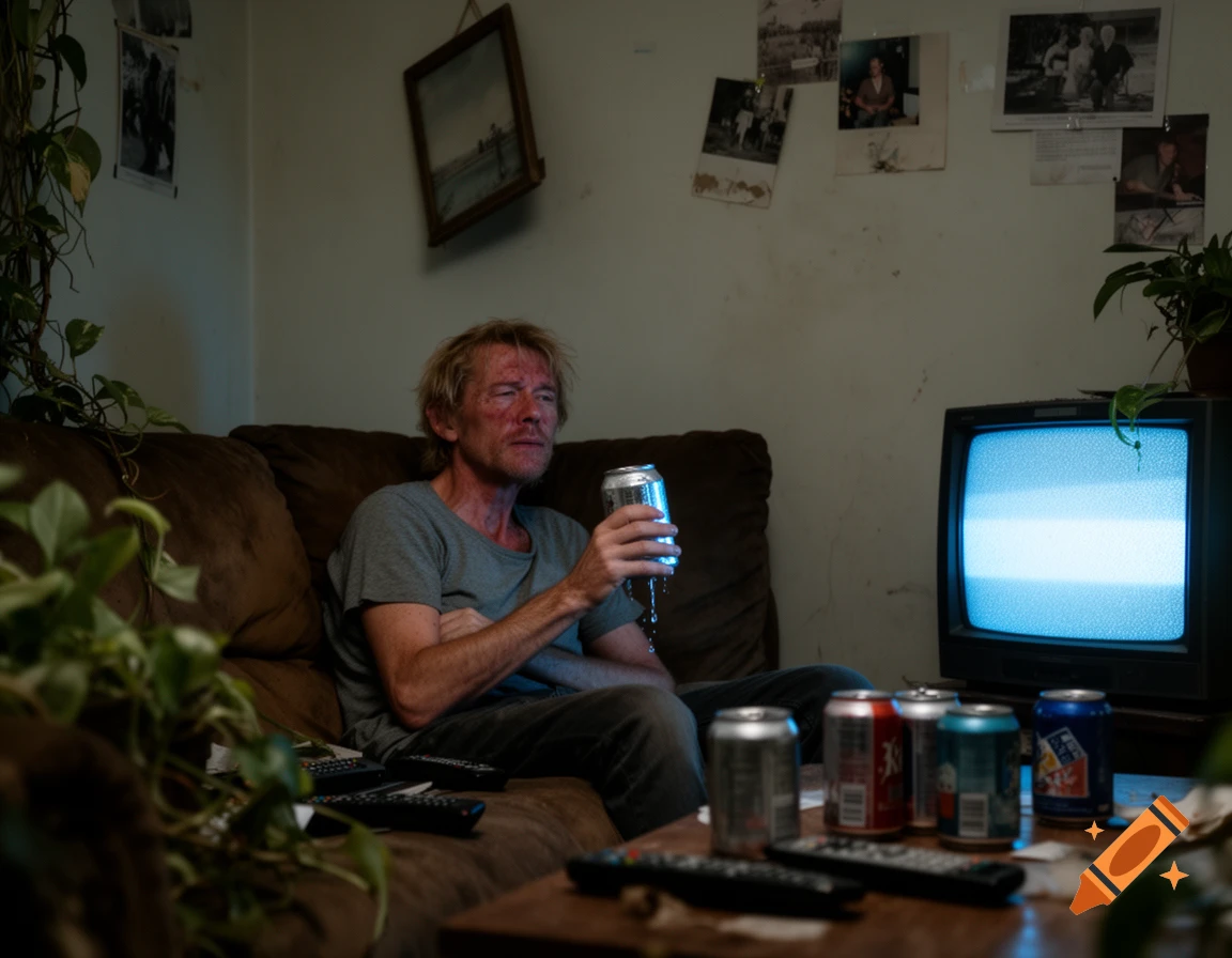 A disheveled middle-aged man with blond hair sits on a brown couch, drinking from a beer can and watching a static-filled TV in a dimly lit, messy room.