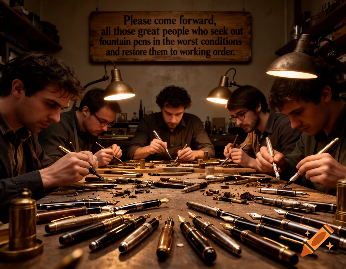 Five men diligently repairing fountain pens at a cluttered wooden table under warm lamps in a workshop.