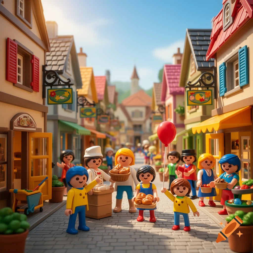 Playmobil figures gather in a colorful village street with shops and houses, some holding bread and fruit, under a sunny sky.