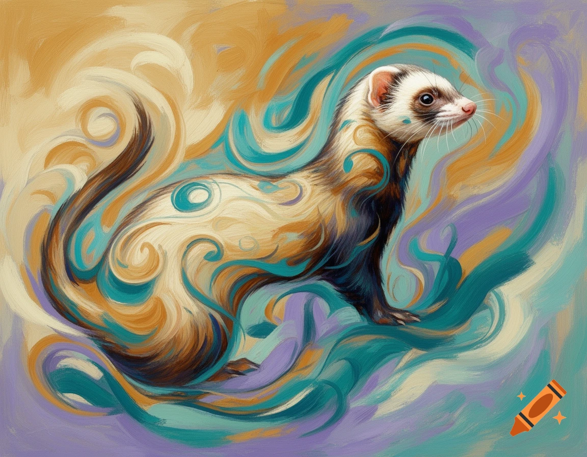 An abstract oil painting of a ferret with white and brown fur ...