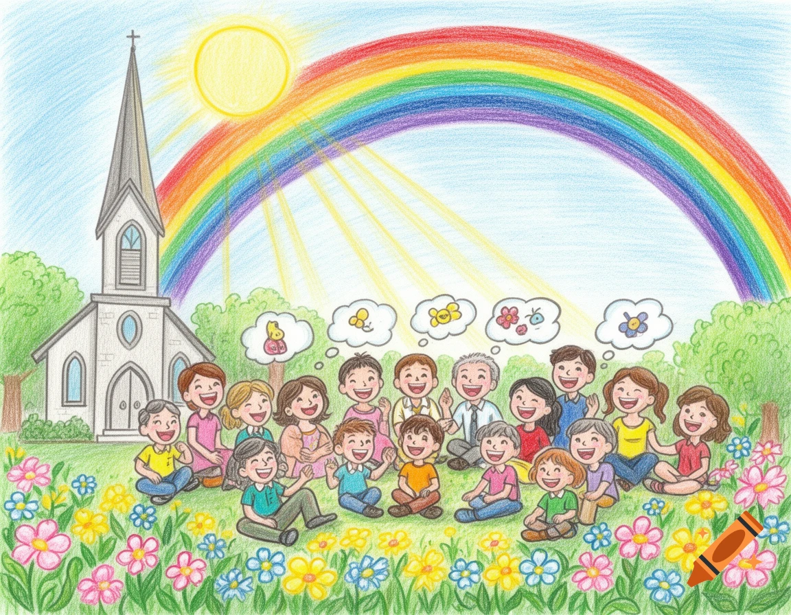 A colorful children's drawing of a diverse group of happy people sitting in a field of flowers outside a church, under a sunny sky with a rainbow.