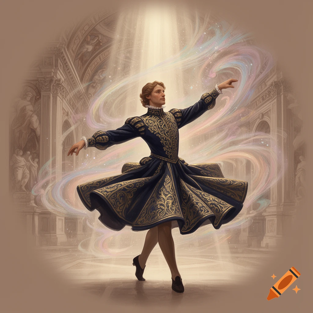 A man in an ornate blue and gold historical costume dances gracefully in a grand hall, surrounded by swirling rainbow light.