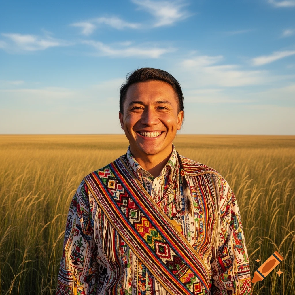 A smiling person in vibrant traditional Indigenous clothing stands in a sunlit golden field under a blue sky.