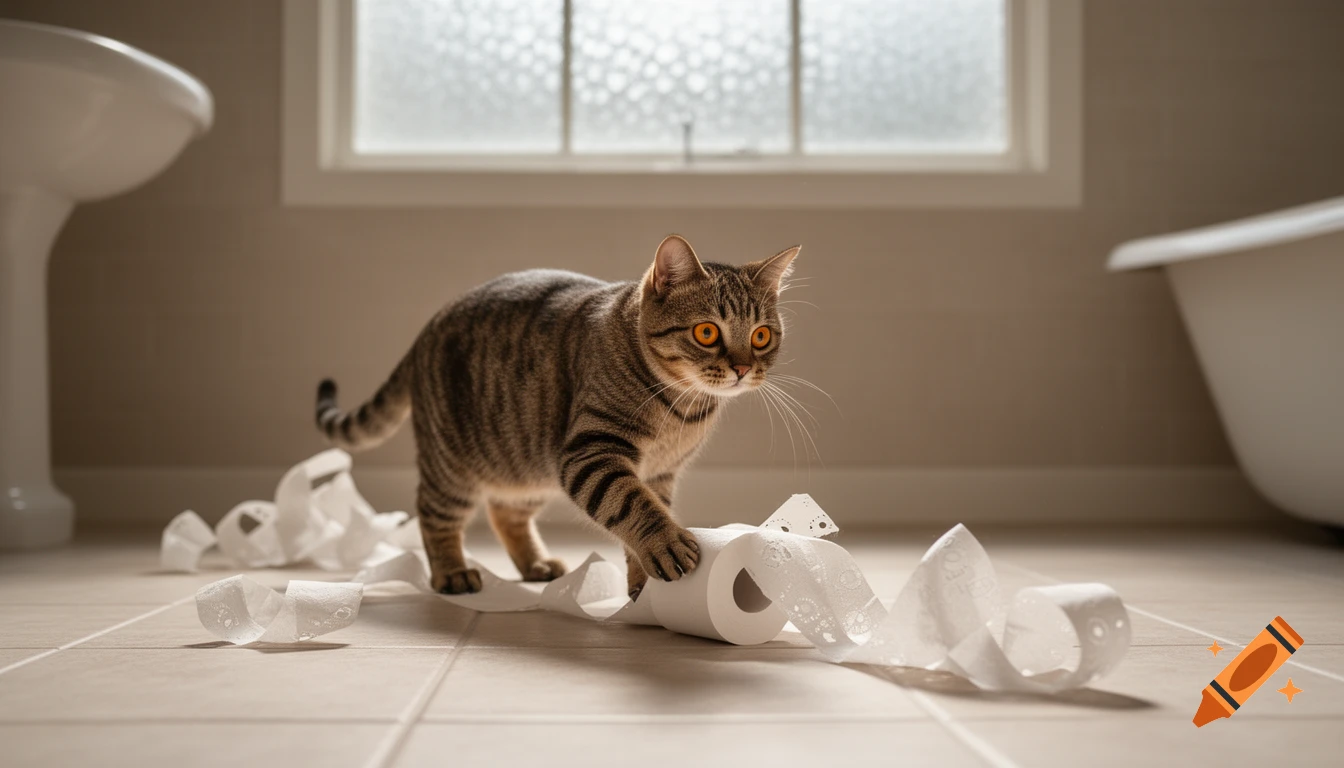 A photorealistic tabby cat plays with unrolled toilet paper on a tiled bathroom floor, with a sink and bathtub in the background.