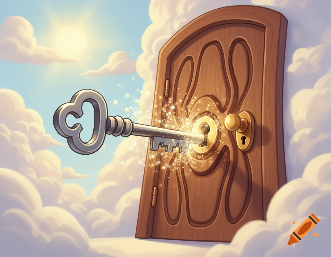 A cartoony silver key unlocks a magical wooden door with a golden ...