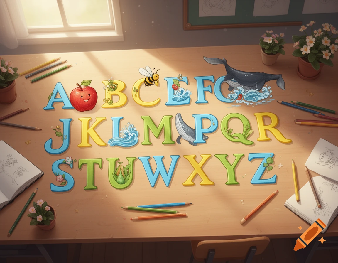 Colorful illustrated alphabet letters A-Z on a wooden classroom table with pencils, potted plants, and coloring books.