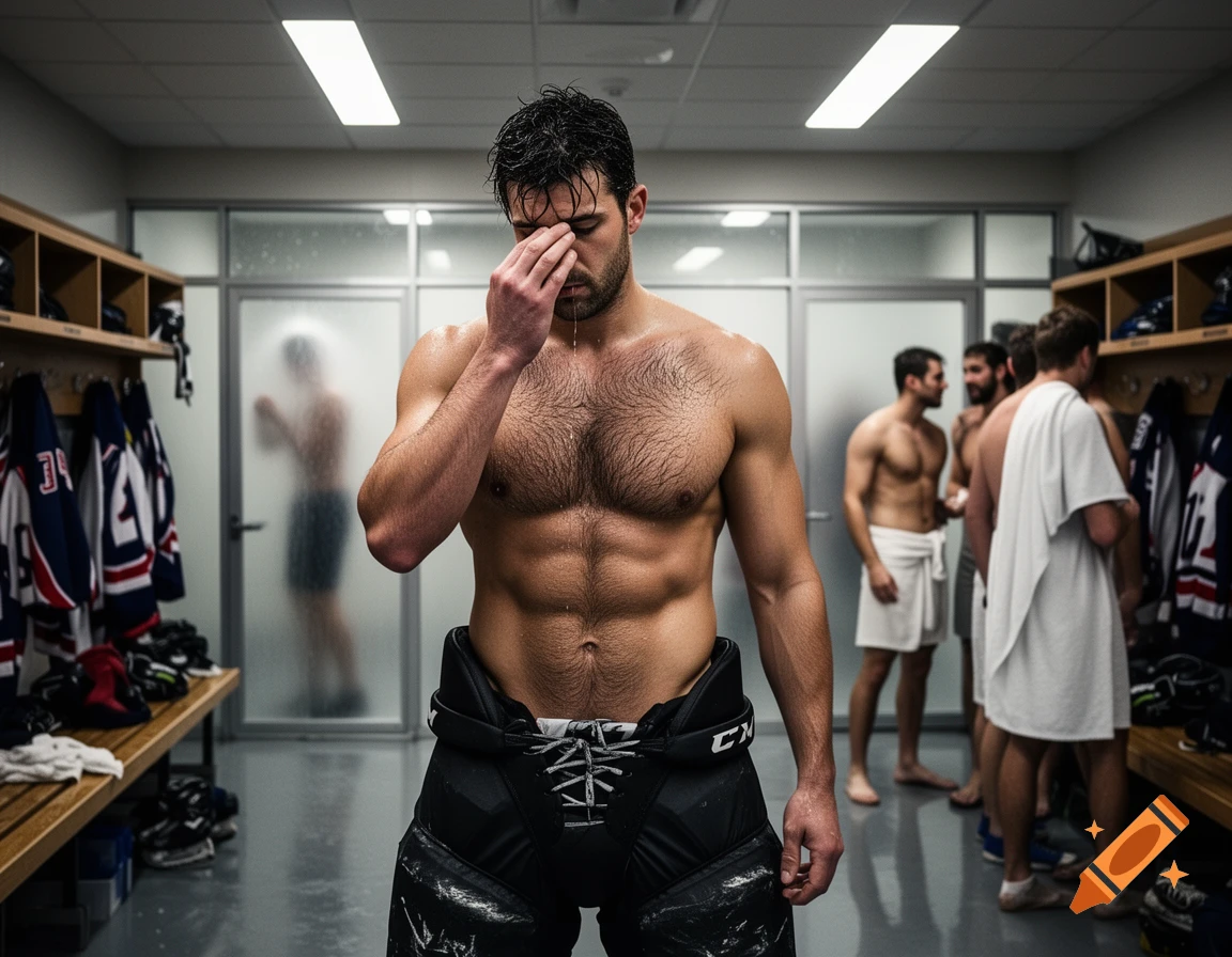 Photorealistic image of a hairy-chested hockey player wiping sweat in a locker room, with other players in towels.