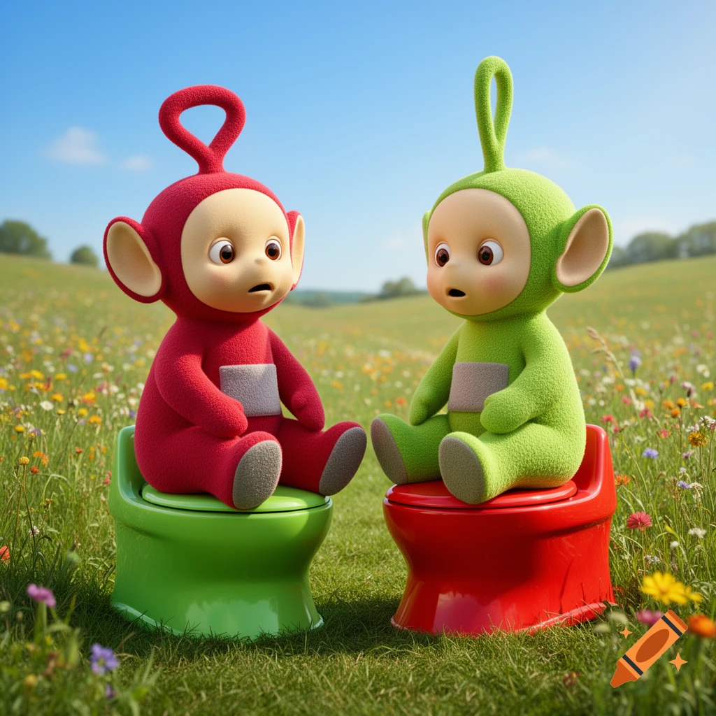 A red Teletubby and a green Teletubby sit on opposite-colored potty chairs in a sunny, flowery field, looking at each other curiously.