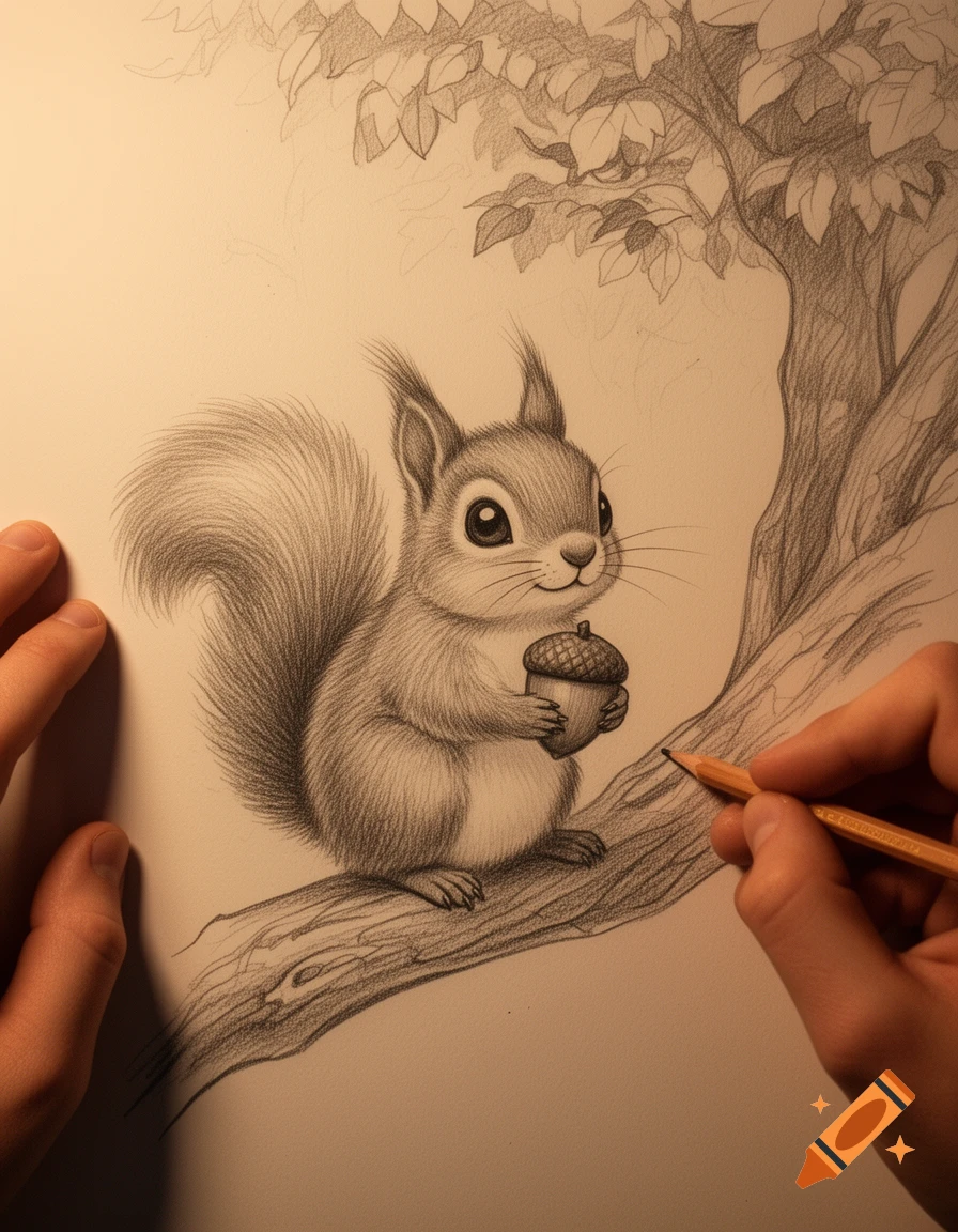 Pencil sketch of a cute squirrel on a tree branch, holding an acorn, with hands drawing the image.