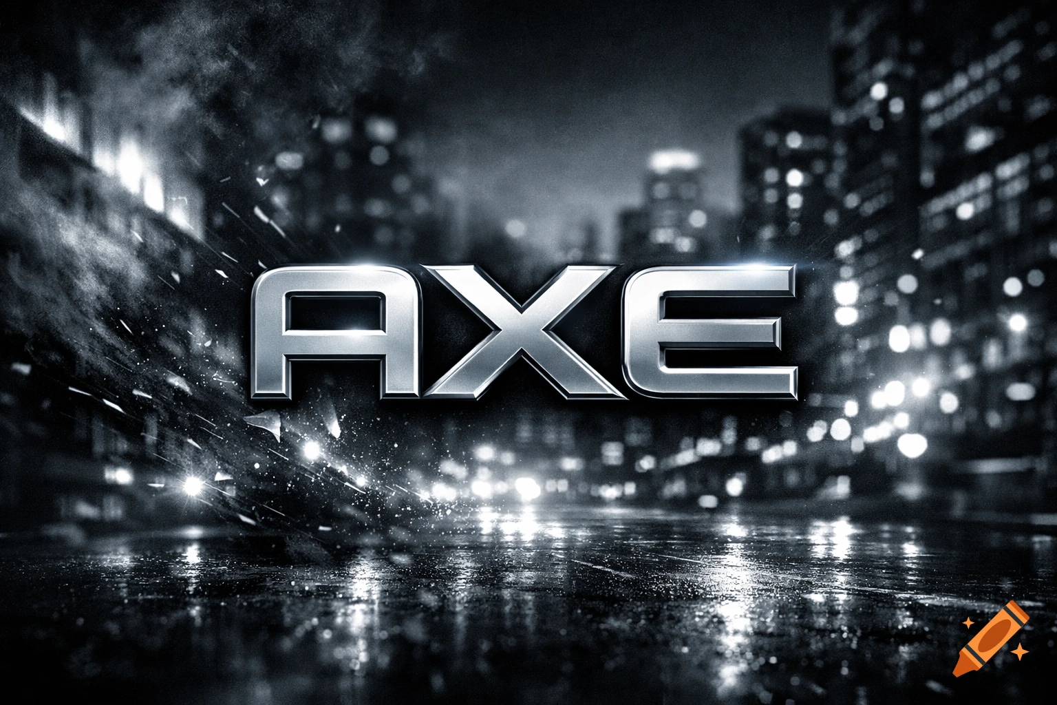 A metallic 'AXE' logo prominently displayed against a dark, blurry city background with bright lights and reflections.