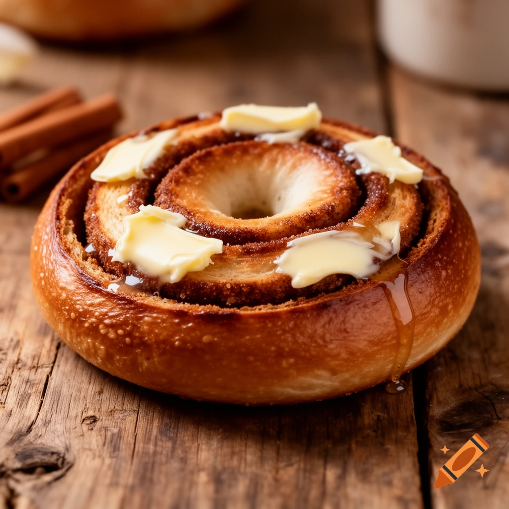 A photorealistic close-up of a cinnamon swirl bagel topped with melting butter and dripping syrup on a rustic wooden surface.