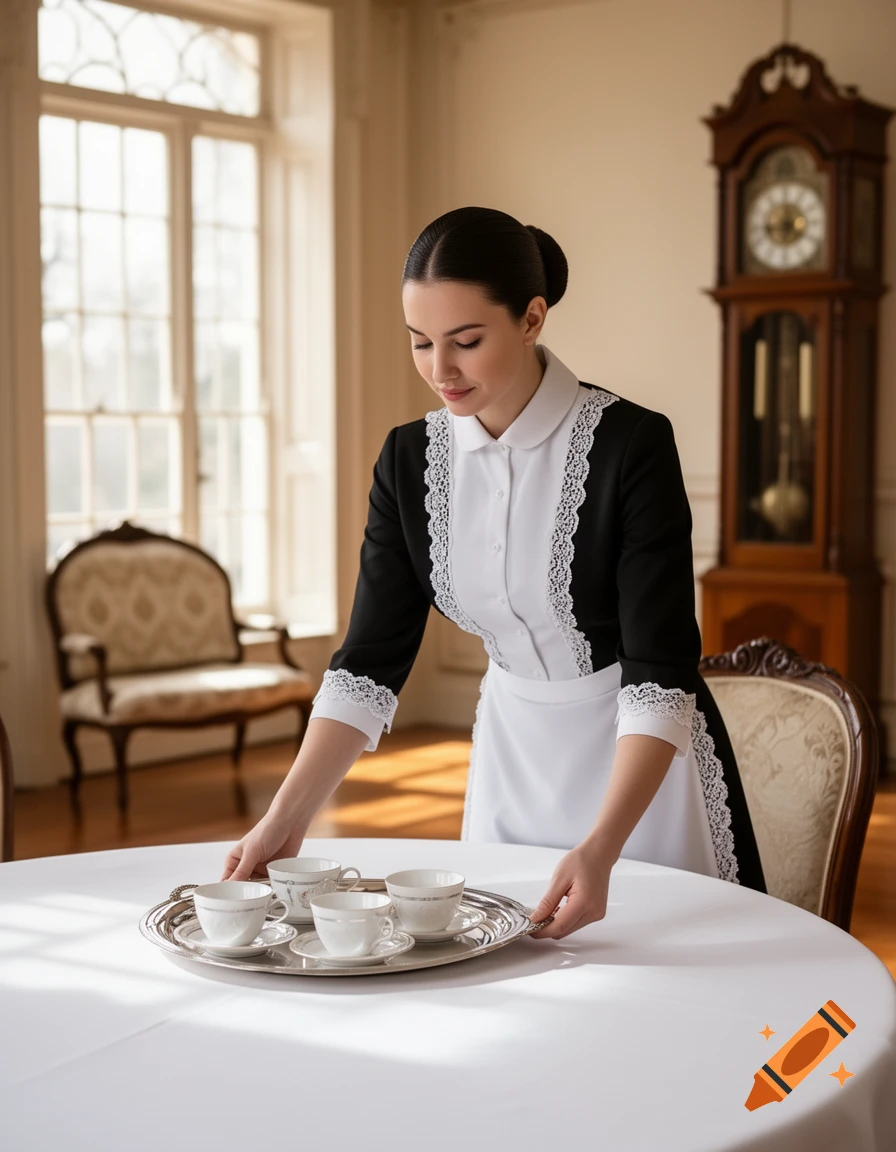 A woman in a black and white maid uniform with lace trim serves tea on a silver tray in an elegant room with a large window and antique furniture.