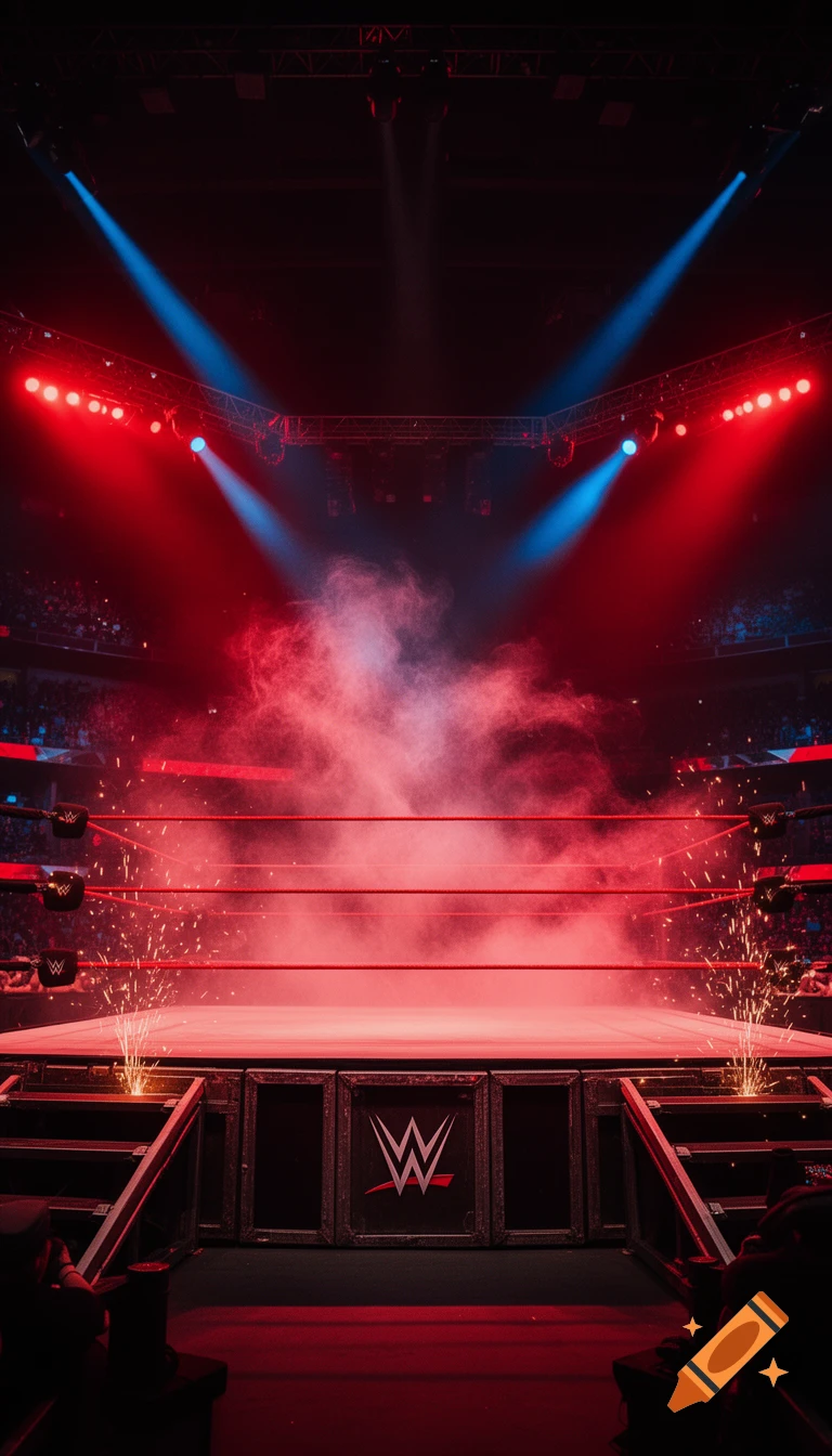 A cinematic, photorealistic WWE wrestling ring in a dark arena, lit with intense red and blue spotlights, smoke, and sparks.