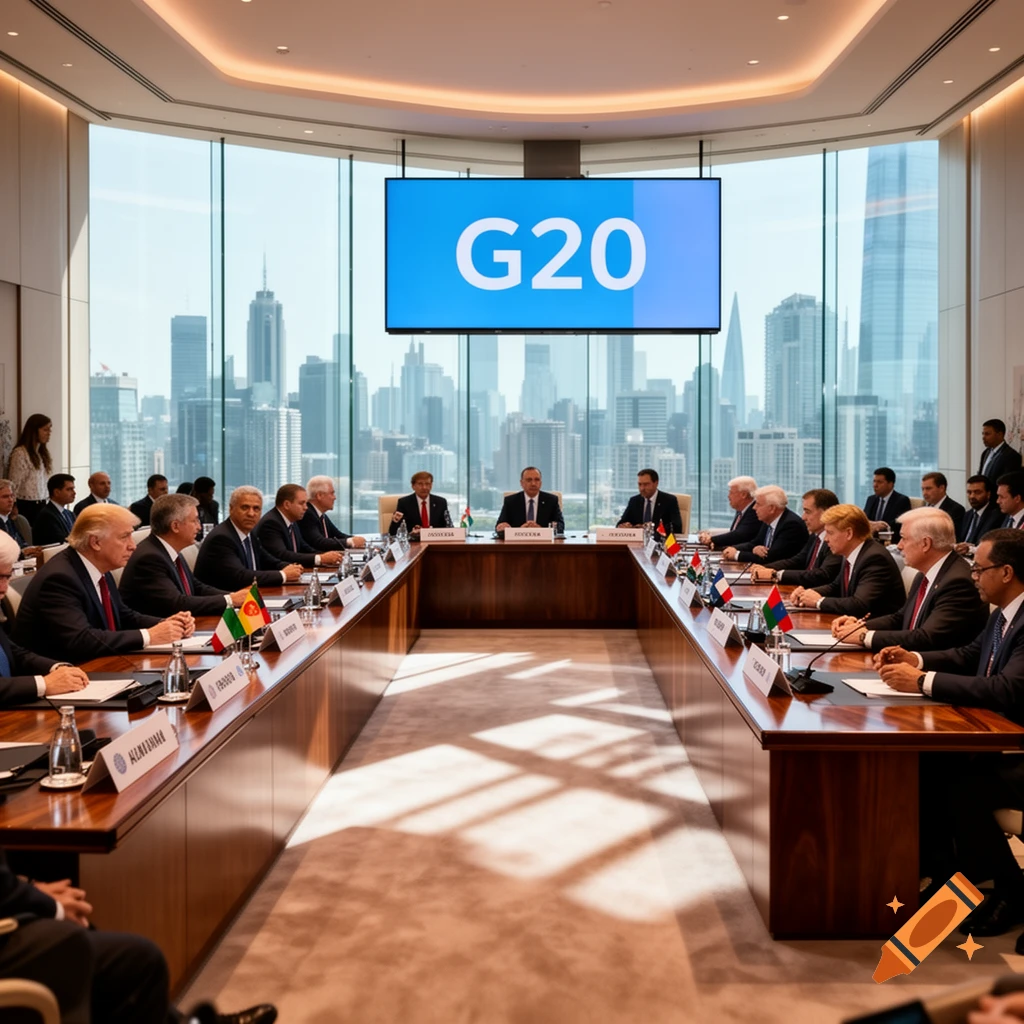 World leaders sit at a large U-shaped table in a modern conference room with a large screen displaying "G20" and a cityscape outside floor-to-ceiling windows.
