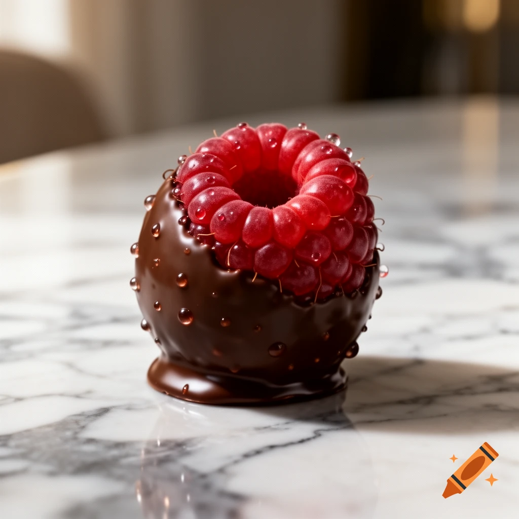 Close-up of a vibrant red raspberry partially covered in glistening dark chocolate, resting on a marble surface.