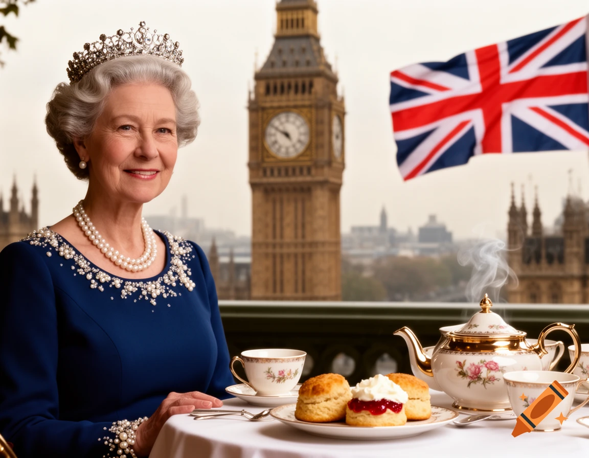 Photorealistic image of Queen Elizabeth II having afternoon tea on a balcony overlooking Big Ben and the Union Jack.