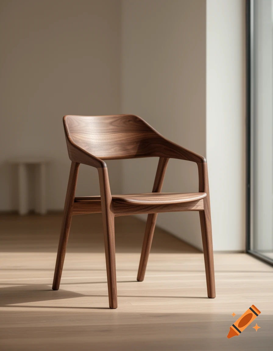 A minimalist, elegantly curved wooden chair sits on a light wooden floor, bathed in soft light from a window.