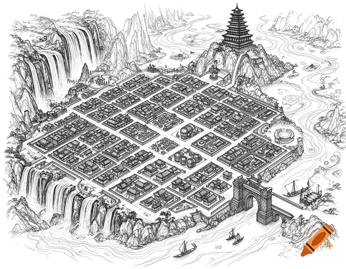Detailed black ink fantasy map of a Chinese city featuring a pagoda, waterfalls, rivers, and an arched bridge.
