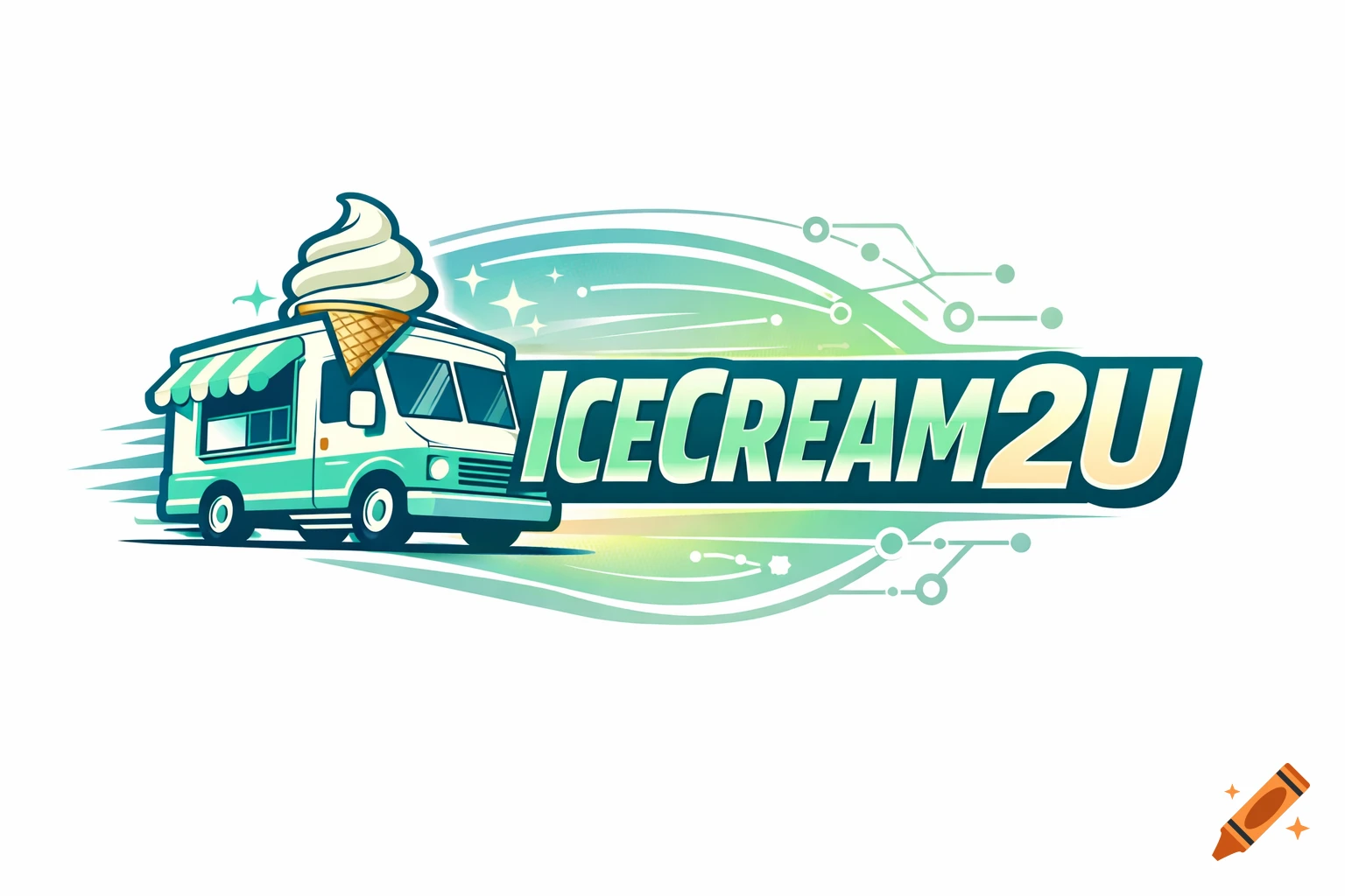 Cartoon logo of a teal and white ice cream truck with an ice cream cone on top, next to the text 'ICECREAM2U' with a tech-inspired background.