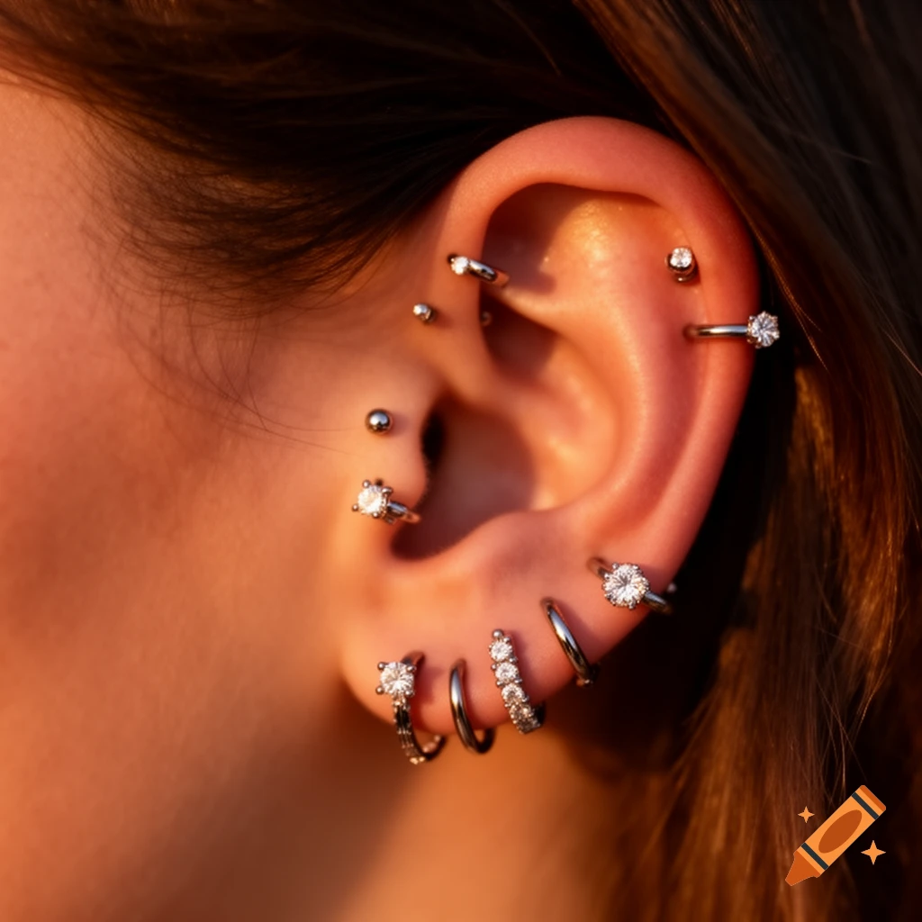Close-up of a human ear with multiple sparkling stud, hoop, and barbell piercings.