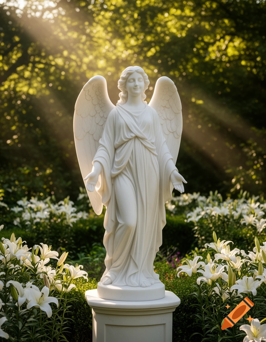 A white marble angel statue with large wings stands on a pedestal in a sunlit garden filled with white lilies.