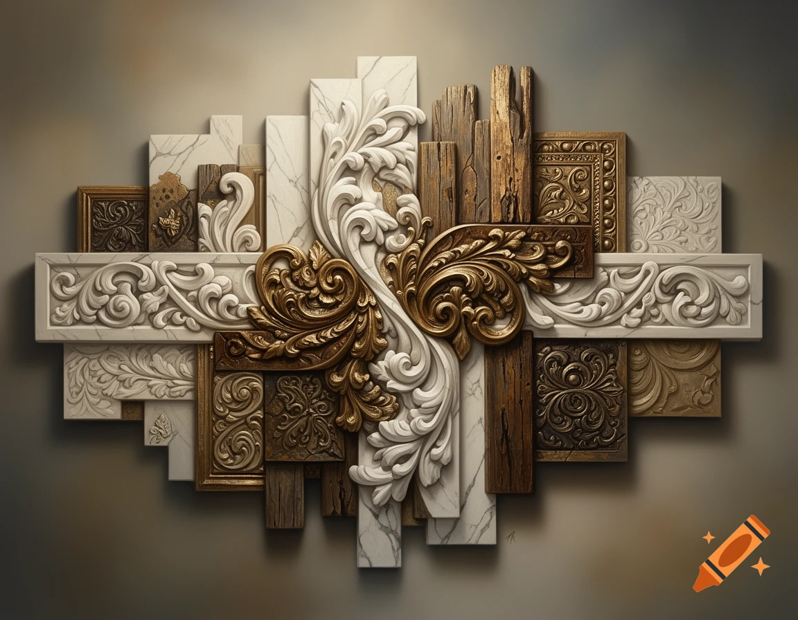 A decorative, high-relief collage featuring ornate white carved patterns, golden scrollwork, rough wooden planks, and marble slabs.