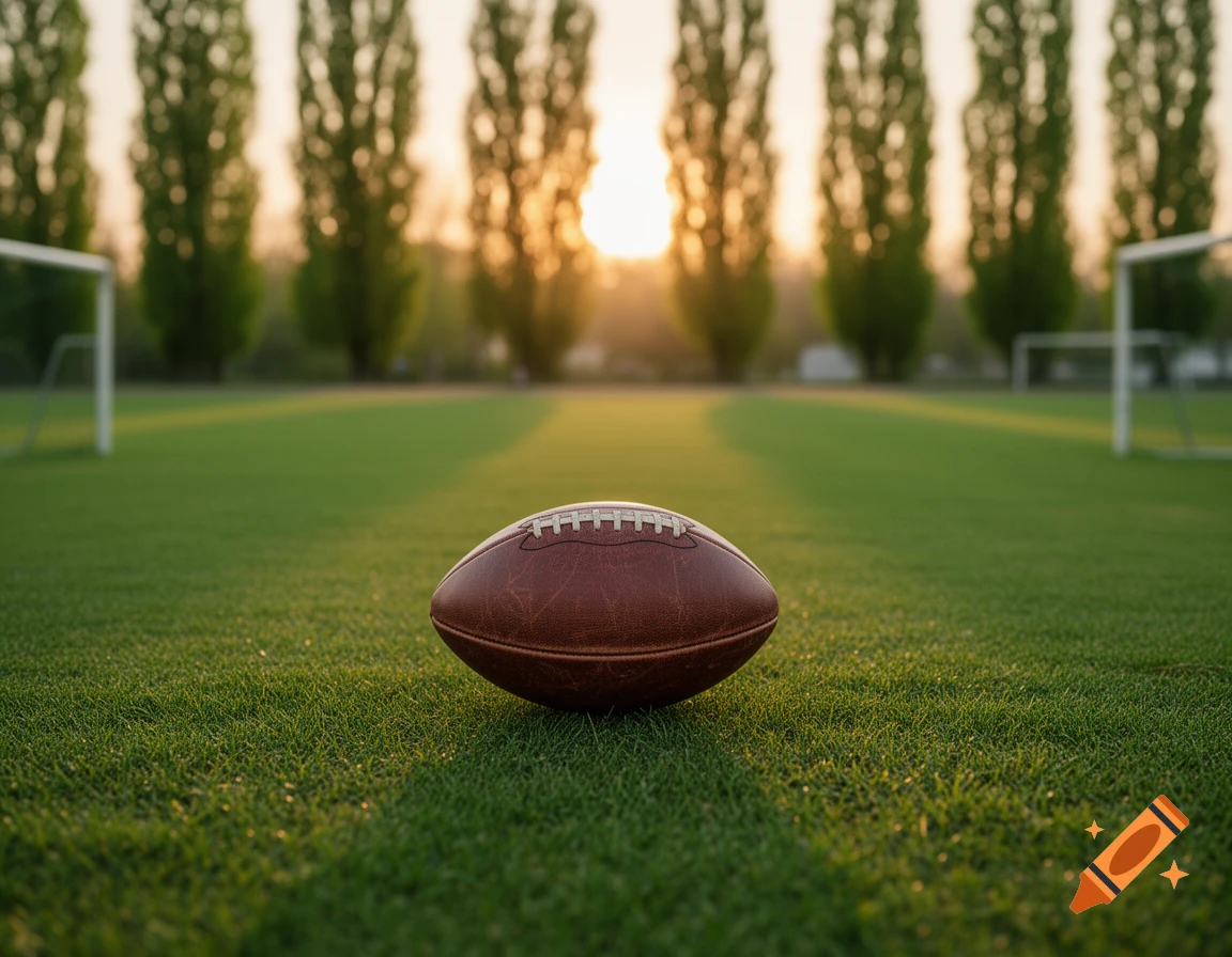 A close-up shot of an American football resting on a green grassy field at sunset, with blurred trees and goalposts.