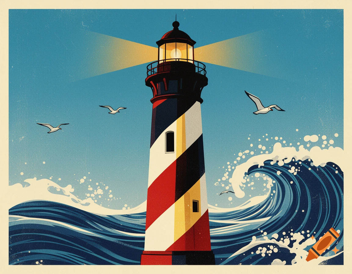 Retro poster illustration of a striped lighthouse beaming light amidst large blue waves and flying seagulls.