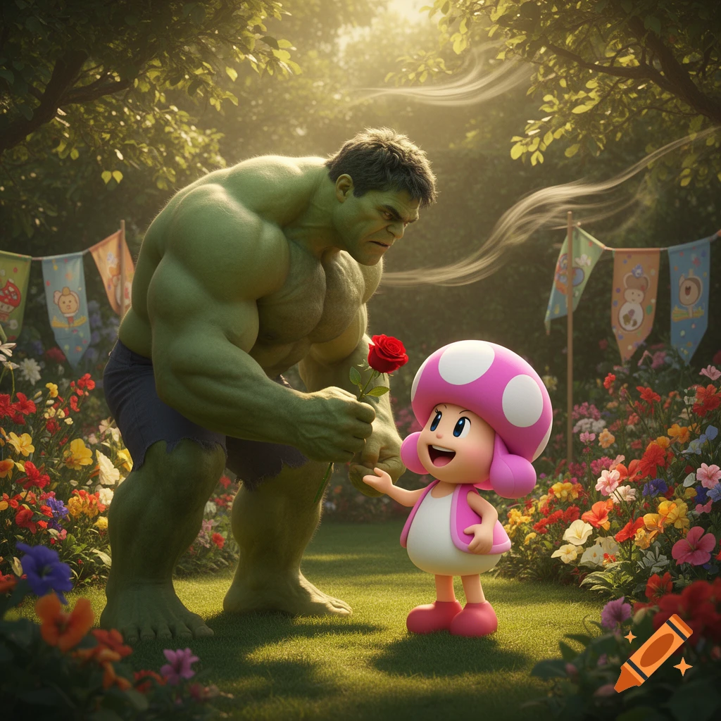 The Hulk gives a red rose to Toadette in a vibrant, sunlit garden surrounded by colorful flowers and banners.