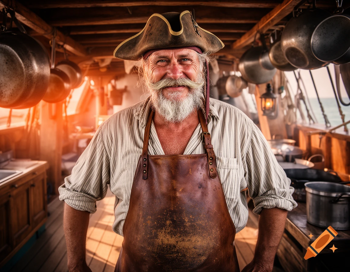Photorealistic portrait of a smiling old pirate cook with a white beard, mustache, tricorn hat, and leather apron inside a ship's galley.