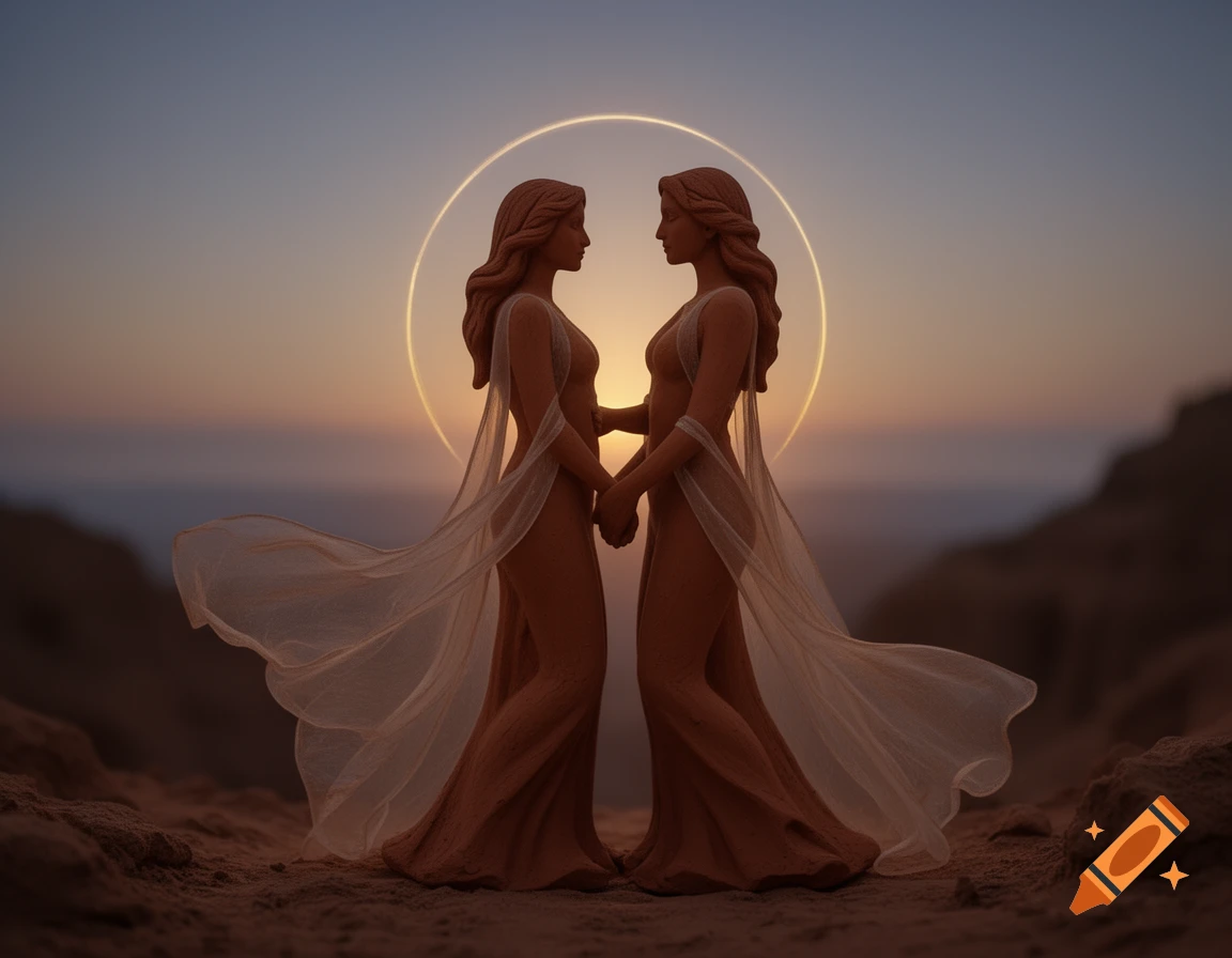 Two stylized, terracotta-toned figures, seemingly female, stand holding hands against a warm sunset, encircled by a glowing halo.