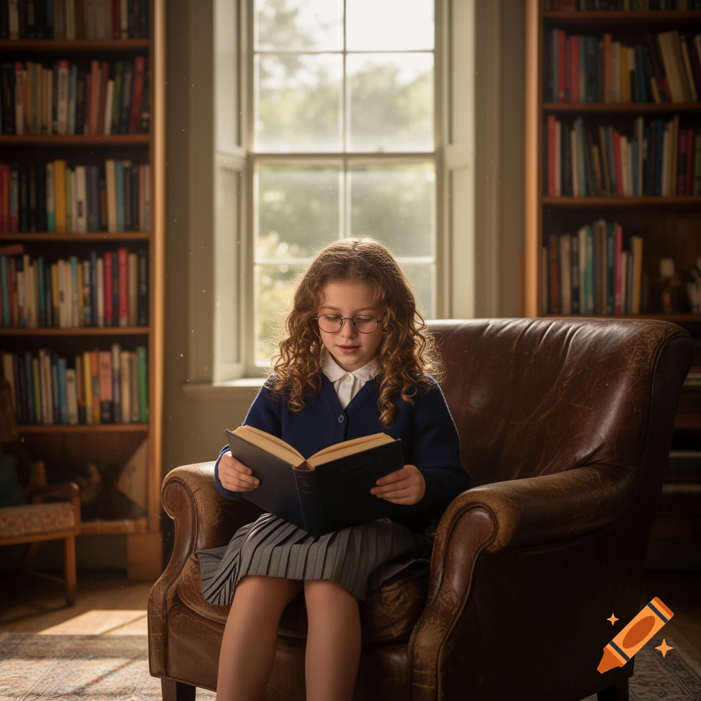 A young girl with curly hair and glasses sits in a leather armchair, reading an open book in a cozy library with bookshelves.