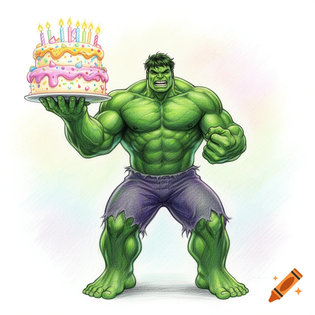 The Incredible Hulk, drawn in a colored pencil style, holds a colorful two-tiered birthday cake with lit candles.