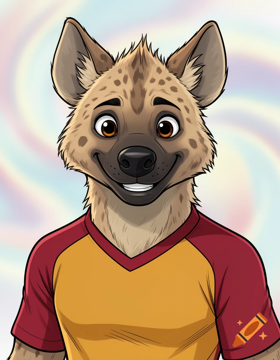 A friendly anthropomorphic male hyena in a mustard yellow and dark red soccer jersey, cartoon style portrait.